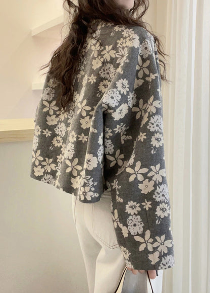 French Grey O Neck Print Cotton Jacket Fall