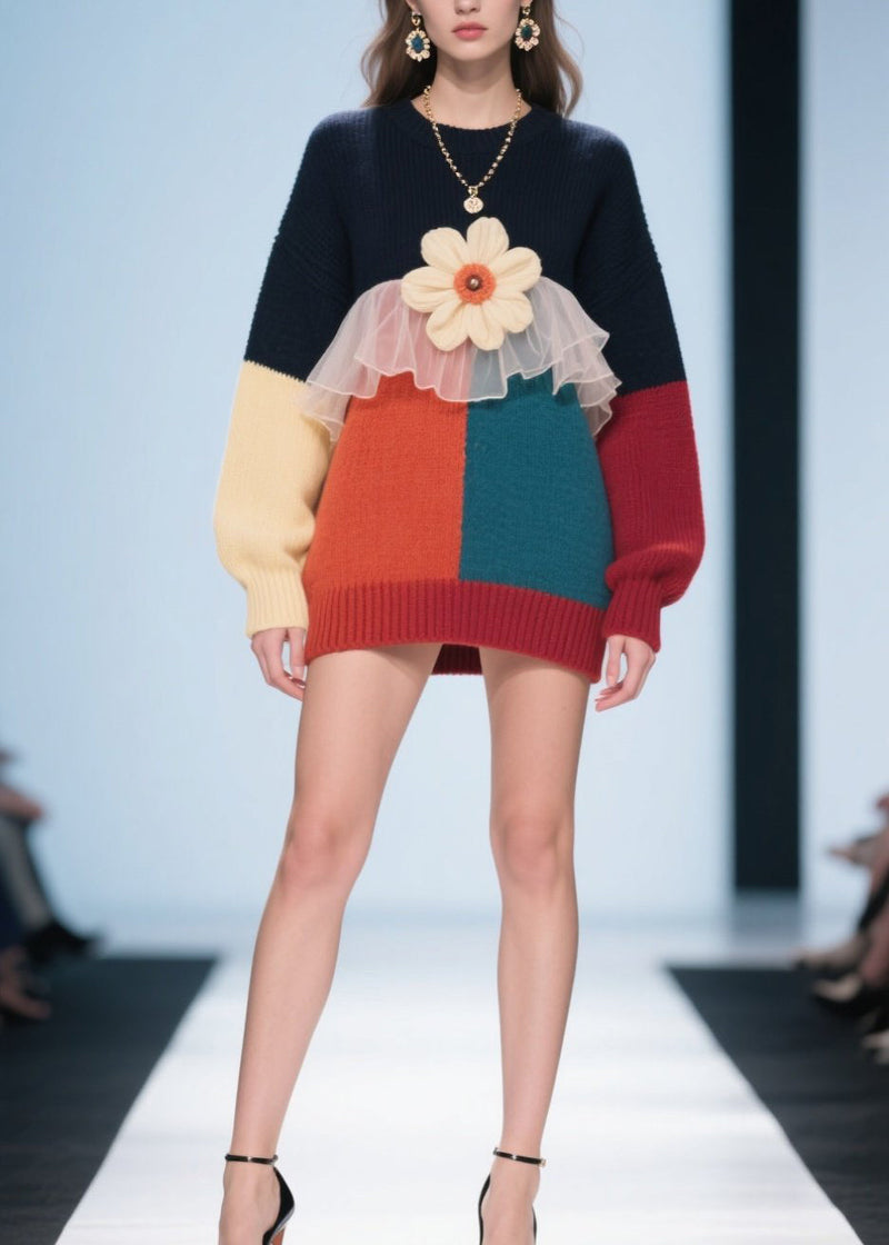 Colorblock O Neck Tulle Patchwork Knit Pullover Fall