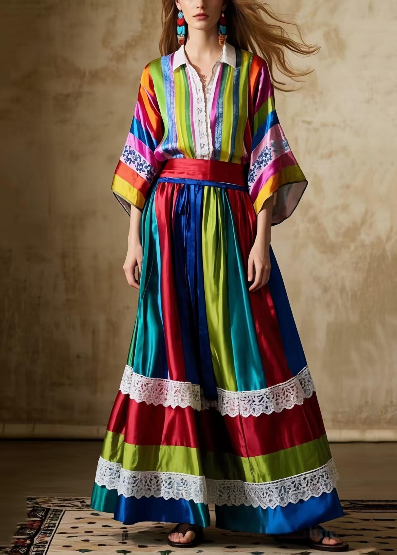 Striped Patchwork Exra Large Hem Silk Skirts Spring