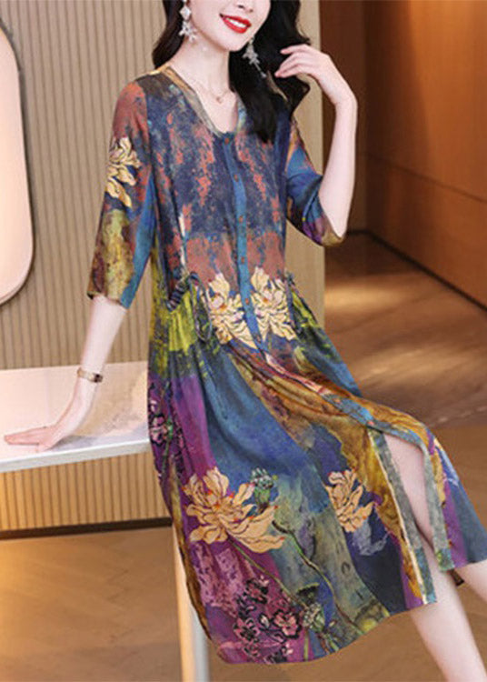 V Neck Print Cinched Button Dresses Half Sleeve