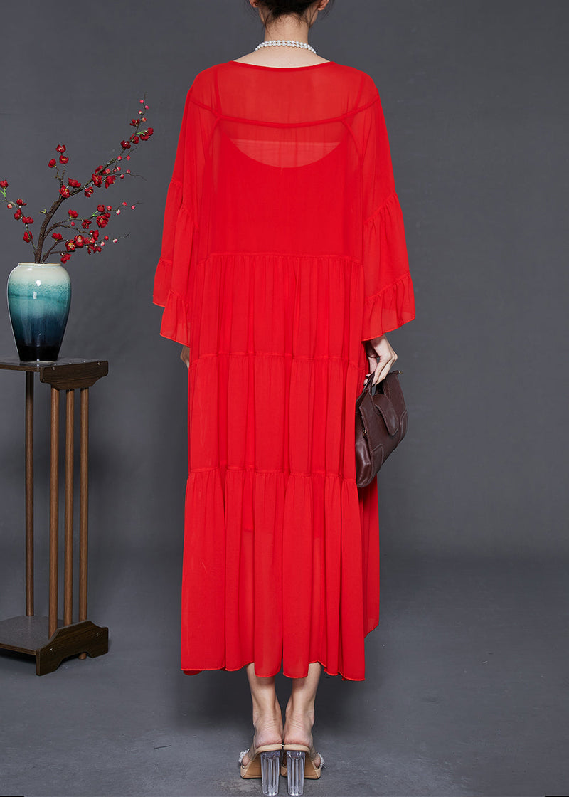 Red Oversized Exra Large Hem Chiffon Dresses Flare Sleeve