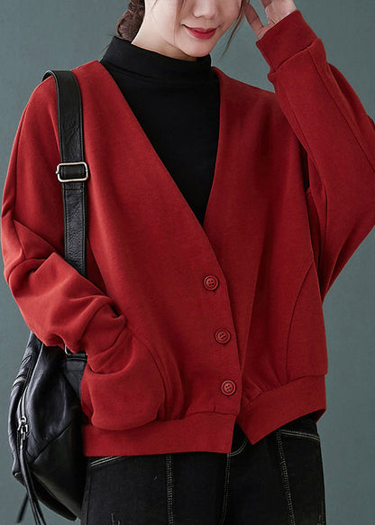 Red V Neck Button Pockets Patchwork Cotton Coats Fall