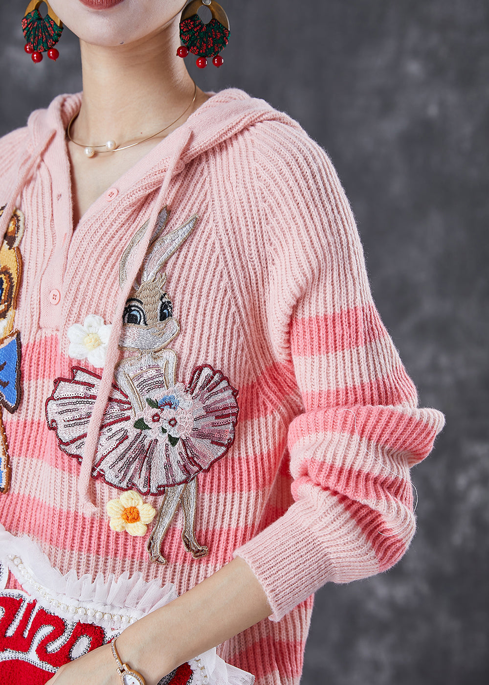 Pink Animal Embroideried Patchwork Knit Pullover Tops Fall