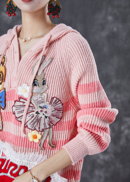 Pink Animal Embroideried Patchwork Knit Pullover Tops Fall