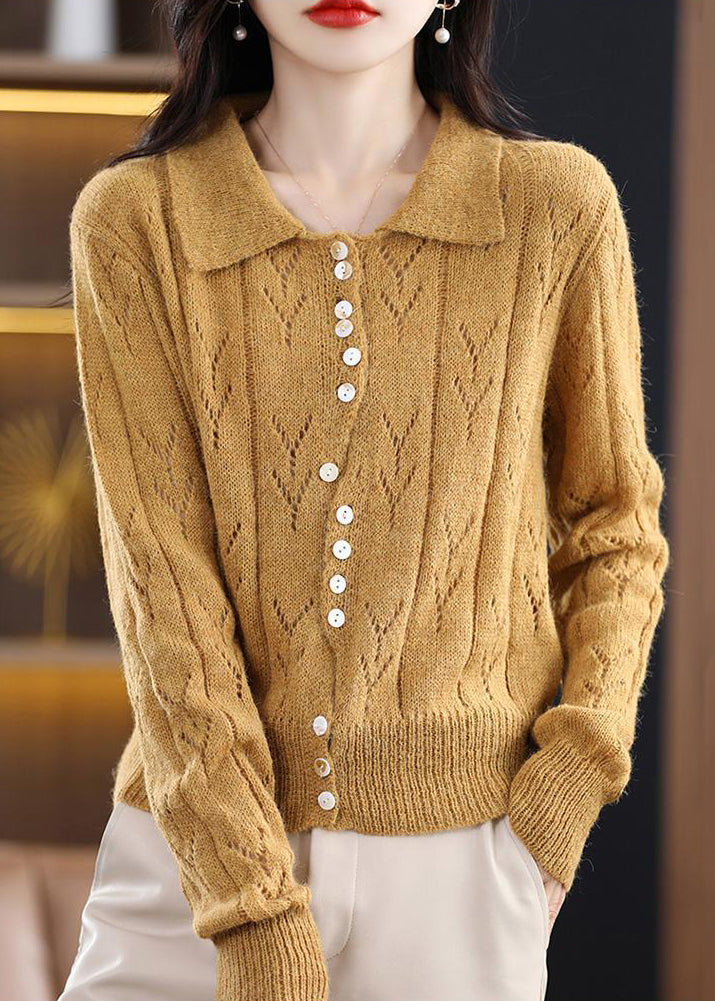 Yellow Button Hollow Out Knit Sweater Spring