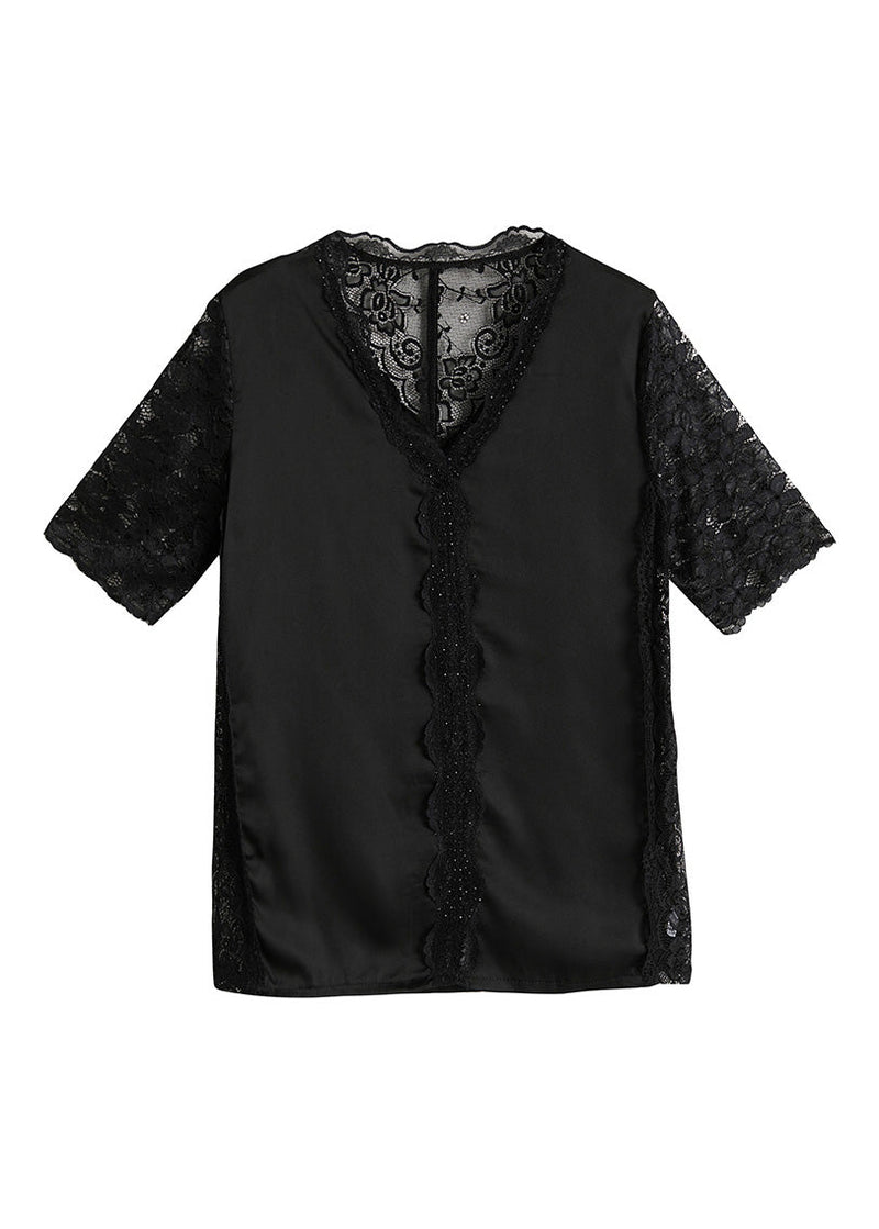 Black V Neck Lace Patchwork Top Short Sleeve Summer