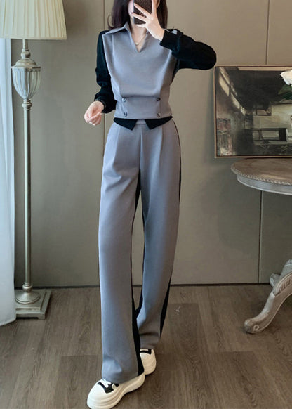 New Grey Peter Pan Collar Patchwork Cotton Two Piece Set Long Sleeve
