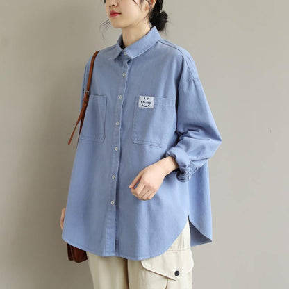 Organic Blue Smiling Face Top Lapel Button Down Midi Spring Shirts