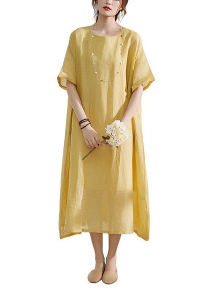 Italian Yellow Pockets Patchwork Summer Ramie Dress Half Sleeve