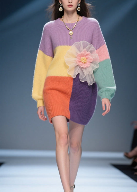 Stylish Colorblock O Neck Knit Sweater Dress Fall