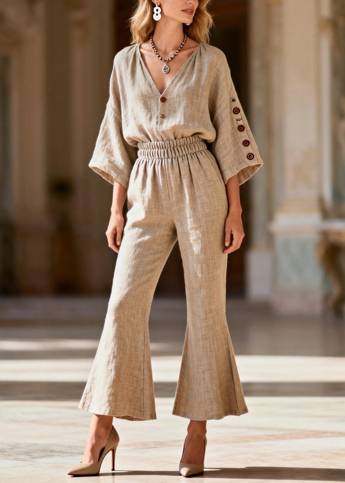 V Neck Linen Two Pieces Set Summer
