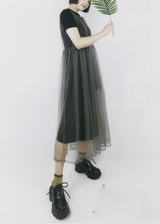 Modern Color Grey O-neck Patchwork Tulle Dress Long Smock Sleeveless Summer
