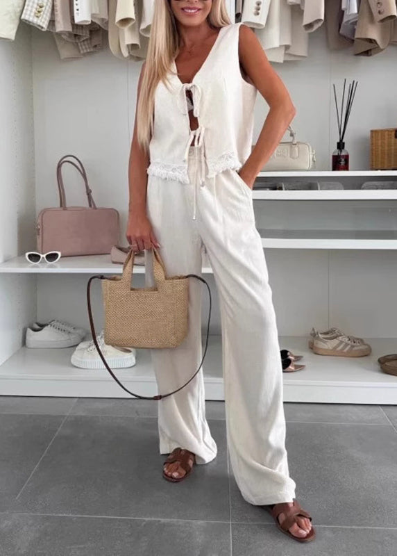 White Lace Patchwork Tie Waist Linen Vest and Wide Leg Pants Two Pieces Set Summer