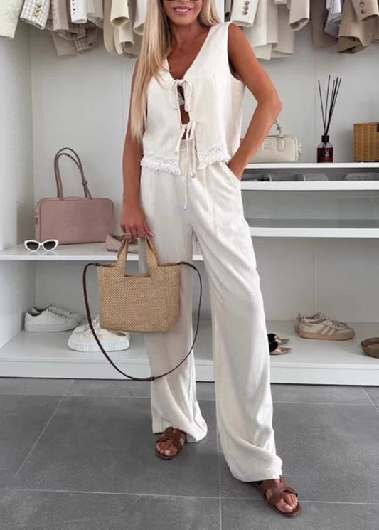 White Lace Patchwork Tie Waist Linen Vest and Wide Leg Pants Two Pieces Set Summer