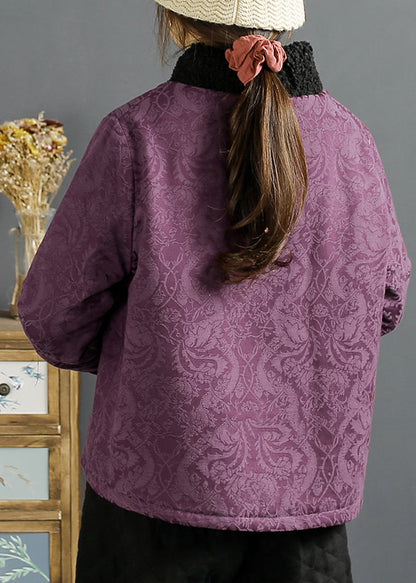 Retro Purple Embroideried Faux Fur Patchwork Fine Cotton Filled Jackets Winter