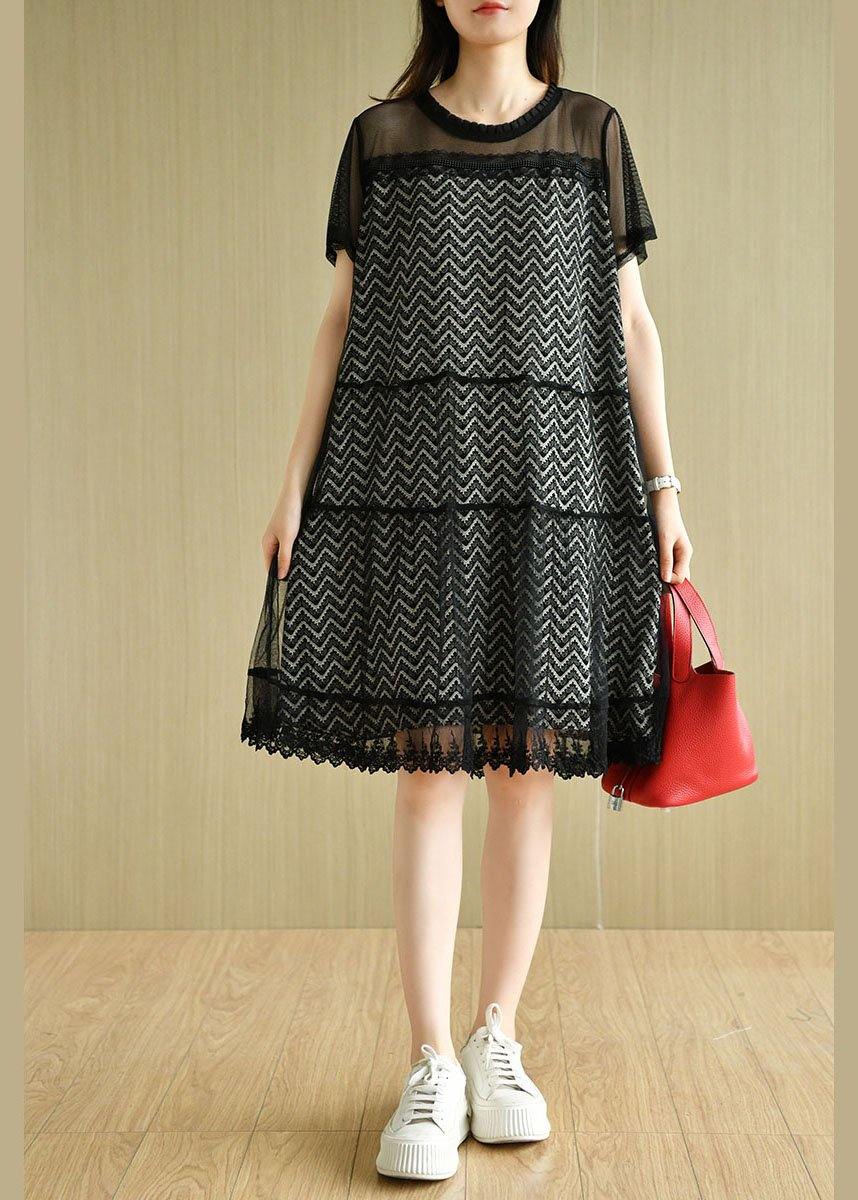Black O-neck Tulle Patchwork Summer Long Dresses Short Sleeve