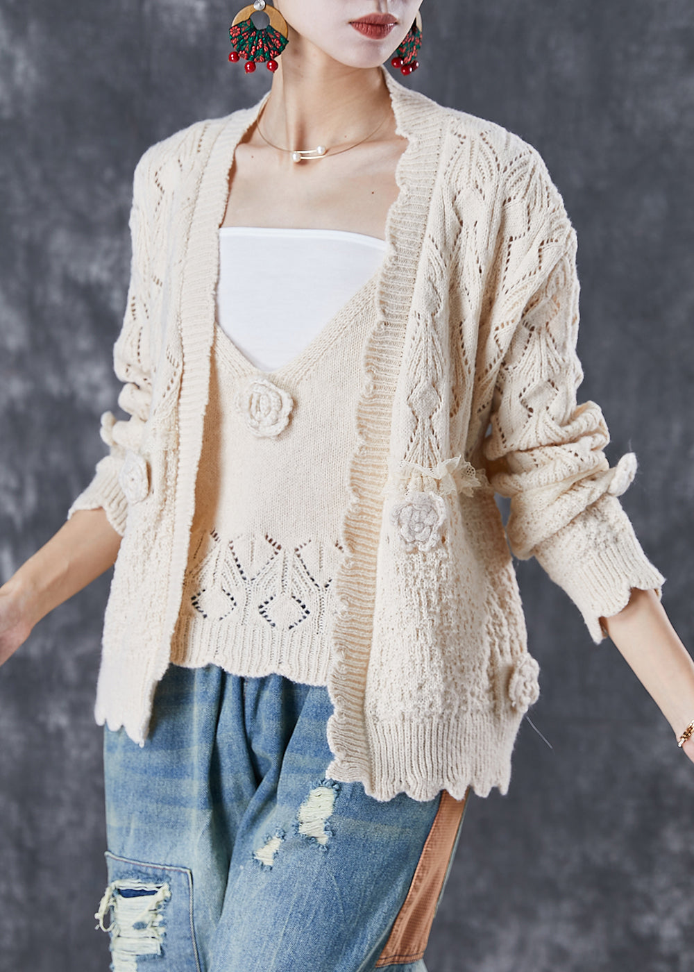 Modern Apricot Oversized Knit Cardigan Two Piece Set Fall