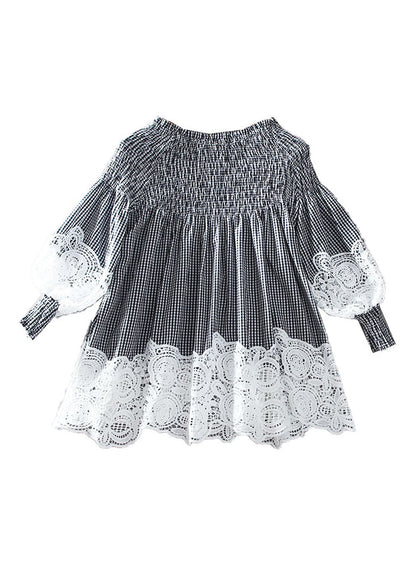 French White O-neck Wrinkled Patchwork Hollow Out Shirt Long Sleeve