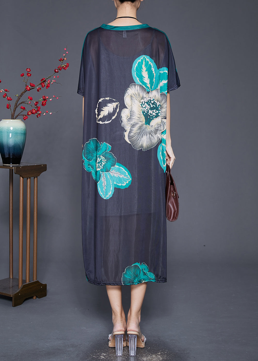 Black Oversized Print Silk Maxi Dresses Summer