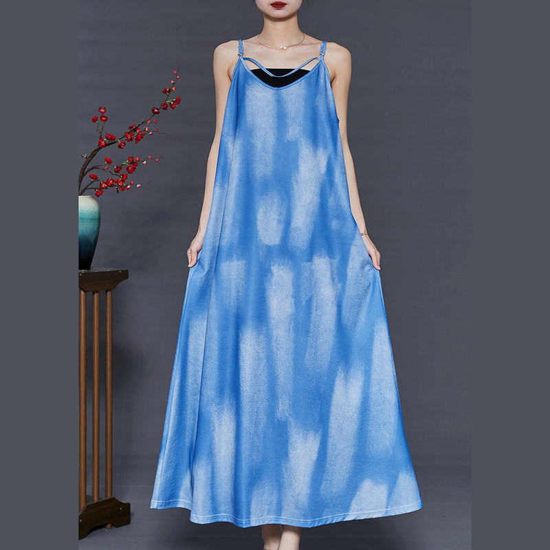 French Blue Tie Dye Cotton Spaghetti Strap Dress Summer