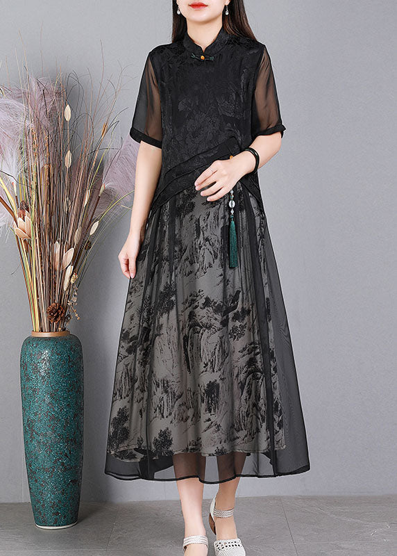 Black Mandarin Collar Print Tulle Patchwork Silk Long Dresses Short Sleeve