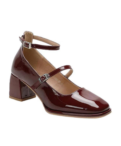 Buckle Strap Splicing Chunky High Heels Mulberry Faux Leather