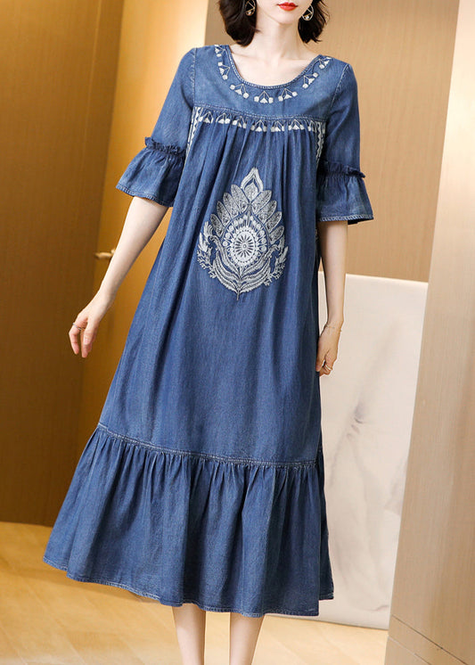 Fitted Blue O-neck Wrinkled Embroideried Cotton Denim Dress Short Sleeve