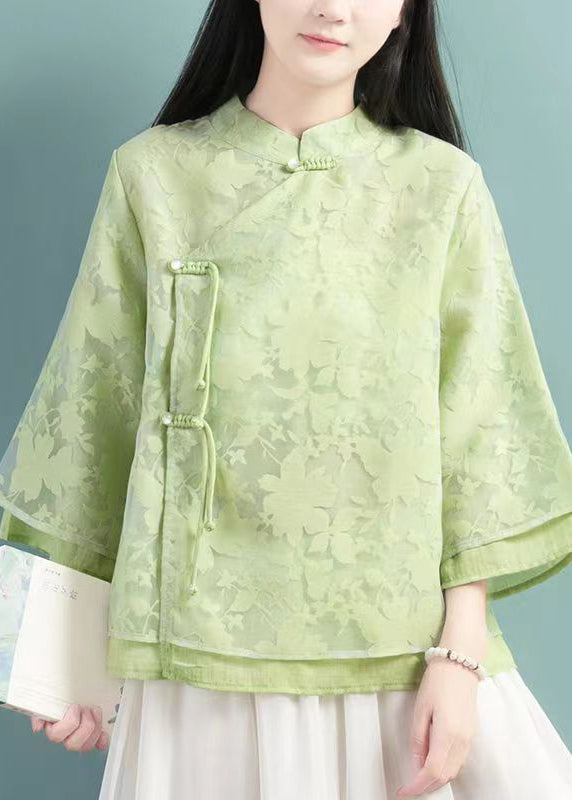 Green Stand Collar Tasseled Patchwork Tulle Shirt Tops Fall