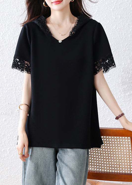 Black Hooded Patchwork Lace Tank Summer