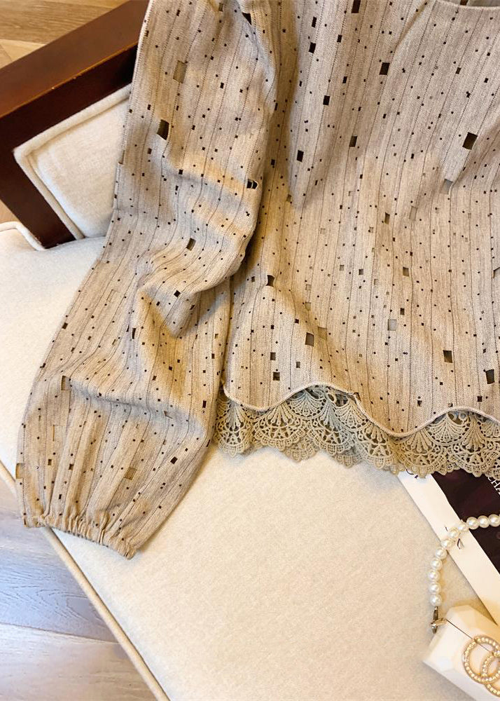 Khaki Patchwork Hole Hollow Out Shirts Fall
