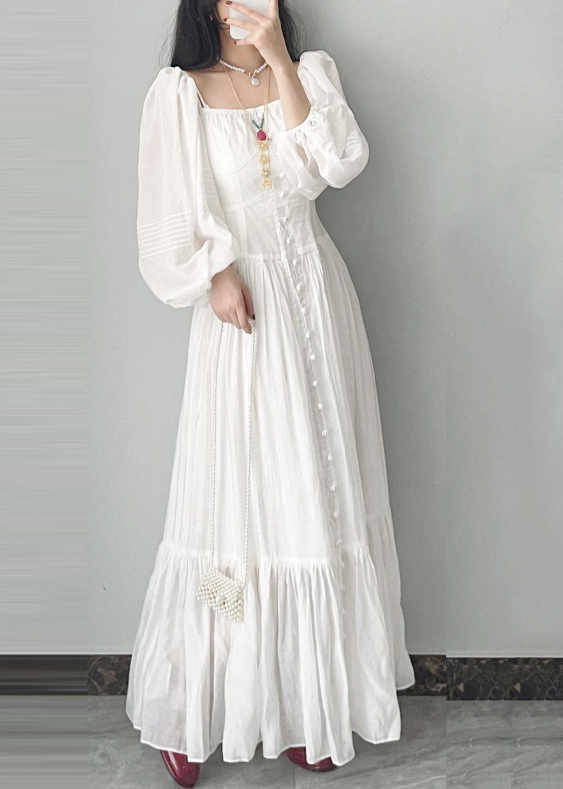 French Square Neck Bubble Sleeve White Vacation Dress Fall