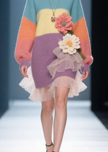 French Colorblock O Neck Tulle Knit Sweater Dress Winter