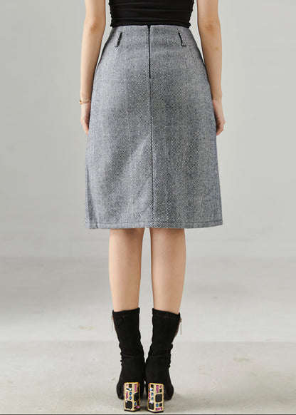 Grey Striped Pocket Cotton Wraped Skirts Fall