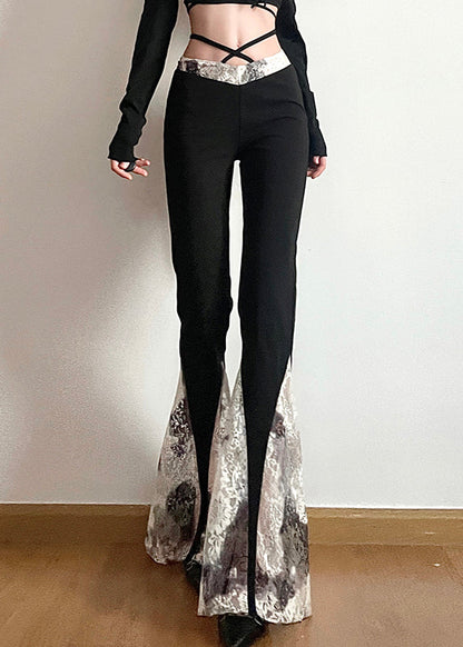 Slim Fit Black High Waist Lace Patchwork Flare Bottoms Fall