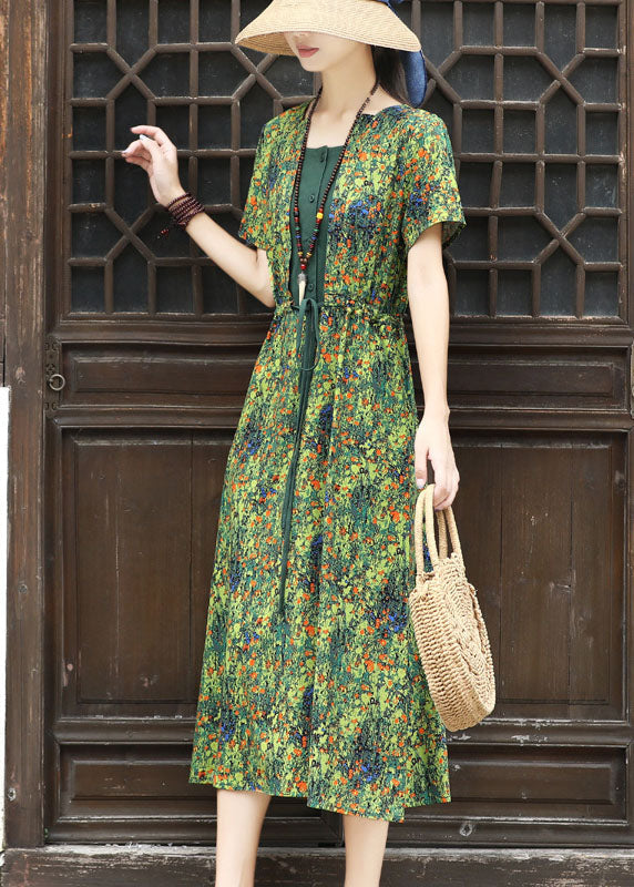 Green Square Collar Tie Waist Patchwork Fake Two Piece Dresses Short Sleeve