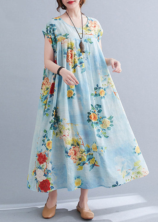 Flower Number Five O-neck Print Pockets Wrinkled Cotton Long Dress Short Sleeve