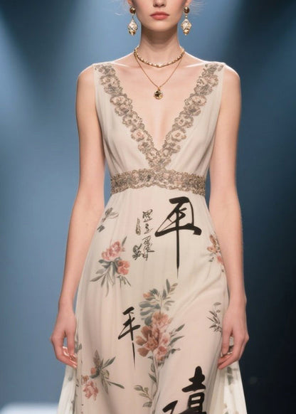 New Retro Apricot V Neck Print Chiffon Long Dress Summer