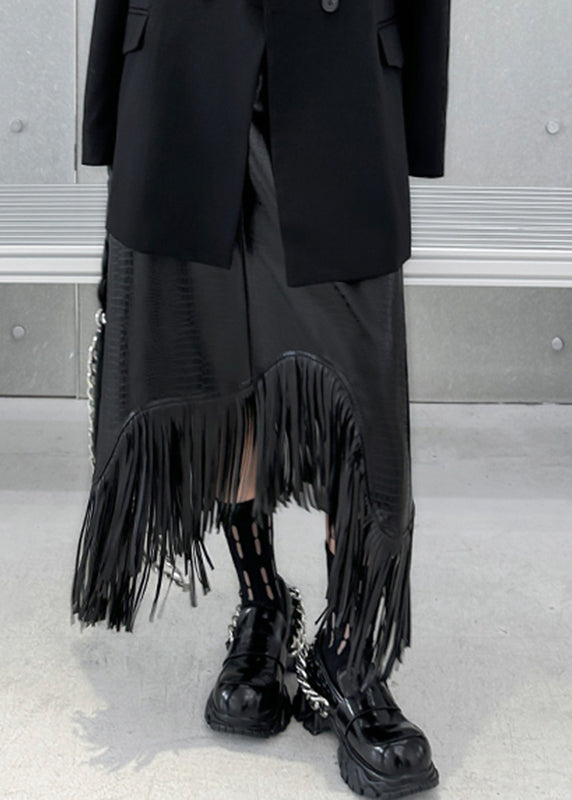 Black High Waist Tassel Patchwork Faux Leather a Line Skirt Fall