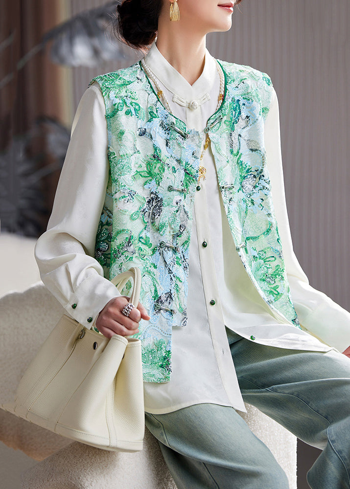 Green Embroideried Sequins Vest Tops Sleeveless