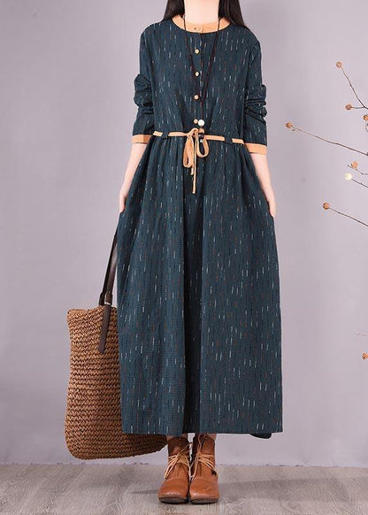 Blue Striped Quilting Clothes O Neck Tie Waist Long Spring Dresses