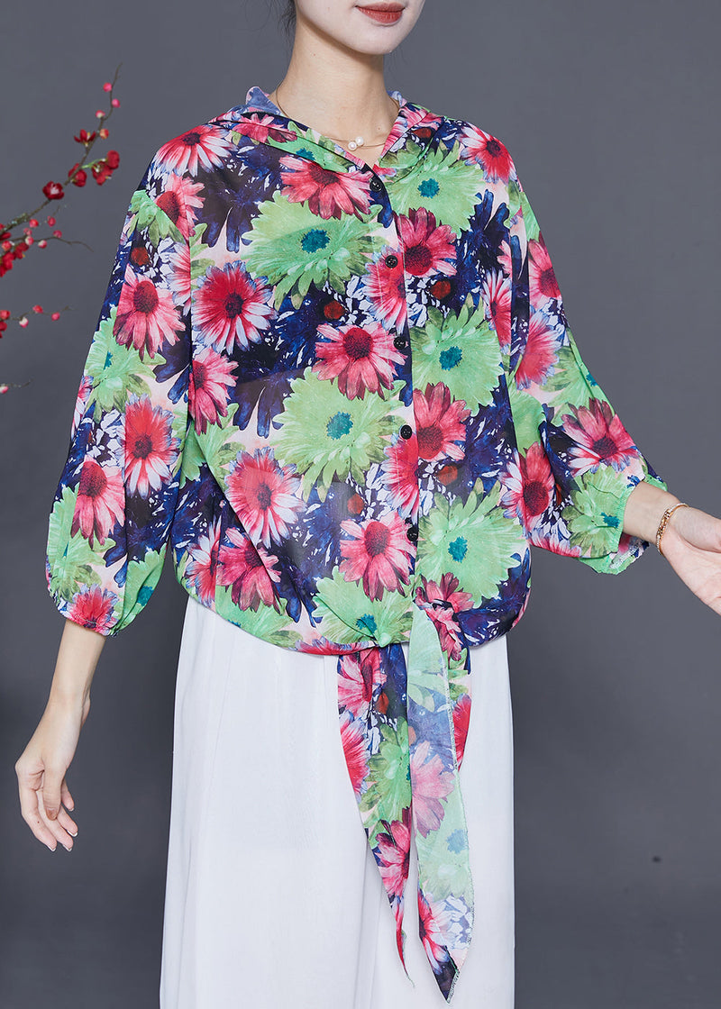 Red Print Chiffon Upf 50+ Shirts Hooded Bracelet Sleeve