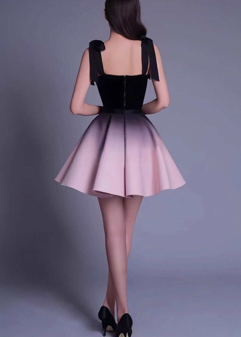 Slim Fit Black Lace Bow Silk Velvet Tank and Gradient Color Skirts Two Pieces Set Sleeveless