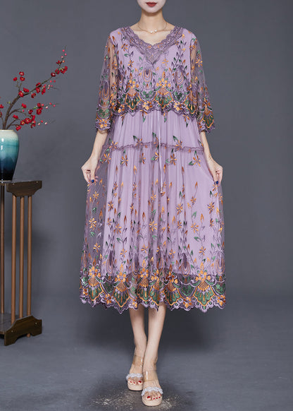 Purple Embroideried Cinched Tulle Long Dress Bracelet Sleeve