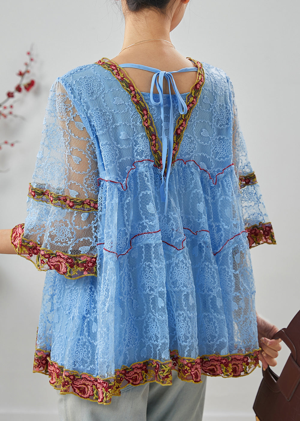 Blue Embroidered Ruffled Lace Shirt Summer