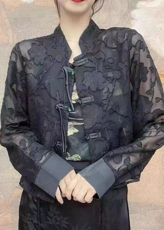 Diy Black Tasseled Chinese Button Tulle Upf 50+ Blouses Fall