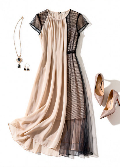 Apricot Wrinkled Tulle Patchwork Dress Summer