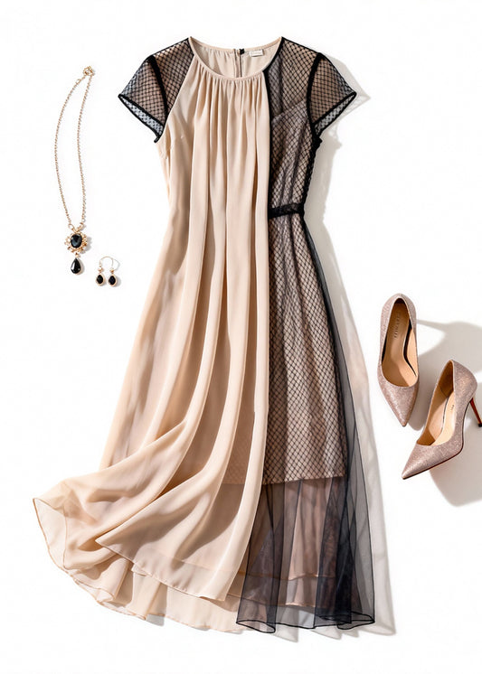 Apricot Wrinkled Tulle Patchwork Dress Summer