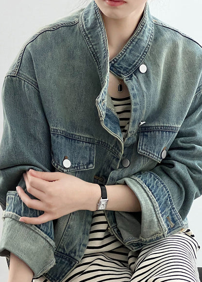 Blue Stand Collar Pockets Denim Short Coat Fall