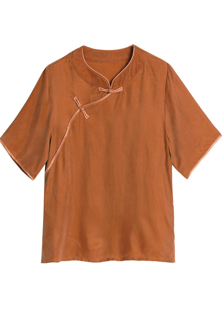 Rose O-neck Oriental Button Color Silk Shirt Top Short Sleeve