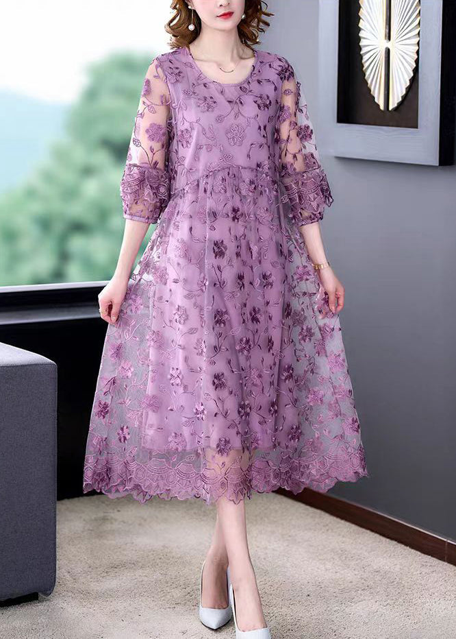Purple O-neck Embroideried Tulle Long Dresses Half Sleeve